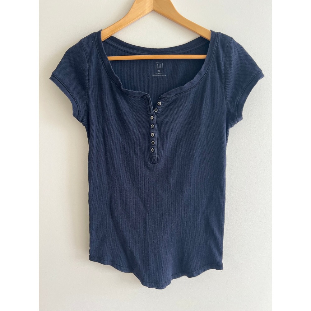 Gap M Navy Ribbed Knit Henley Button Minimalist Basic Preppy Loungewear Top